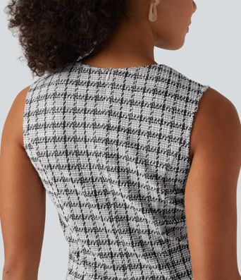Round Neck Sleeveless Plaid Work Mini Dress
