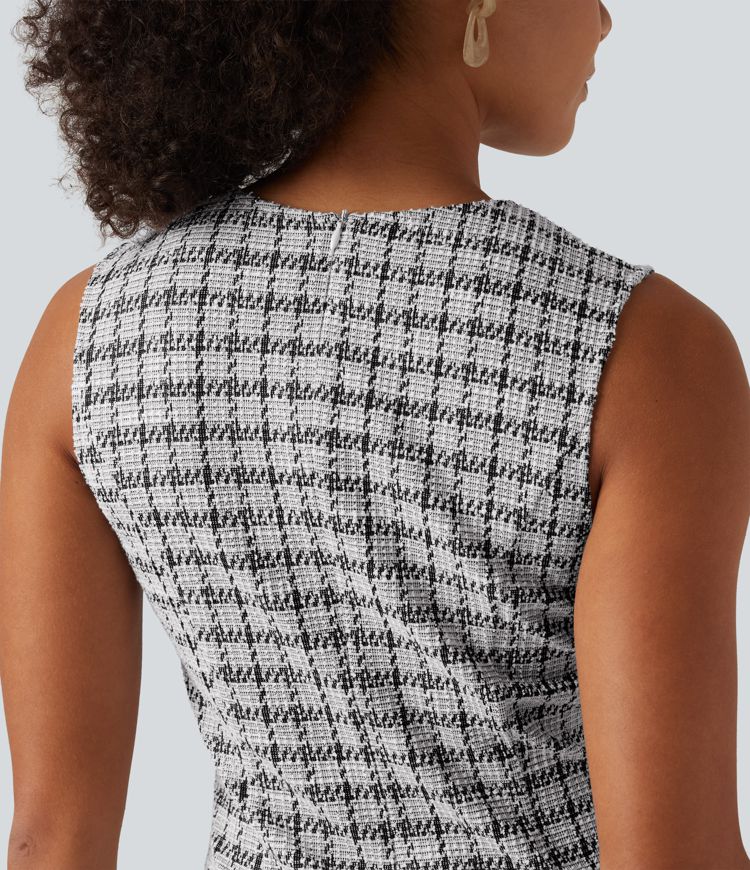 Round Neck Sleeveless Plaid Work Mini Dress