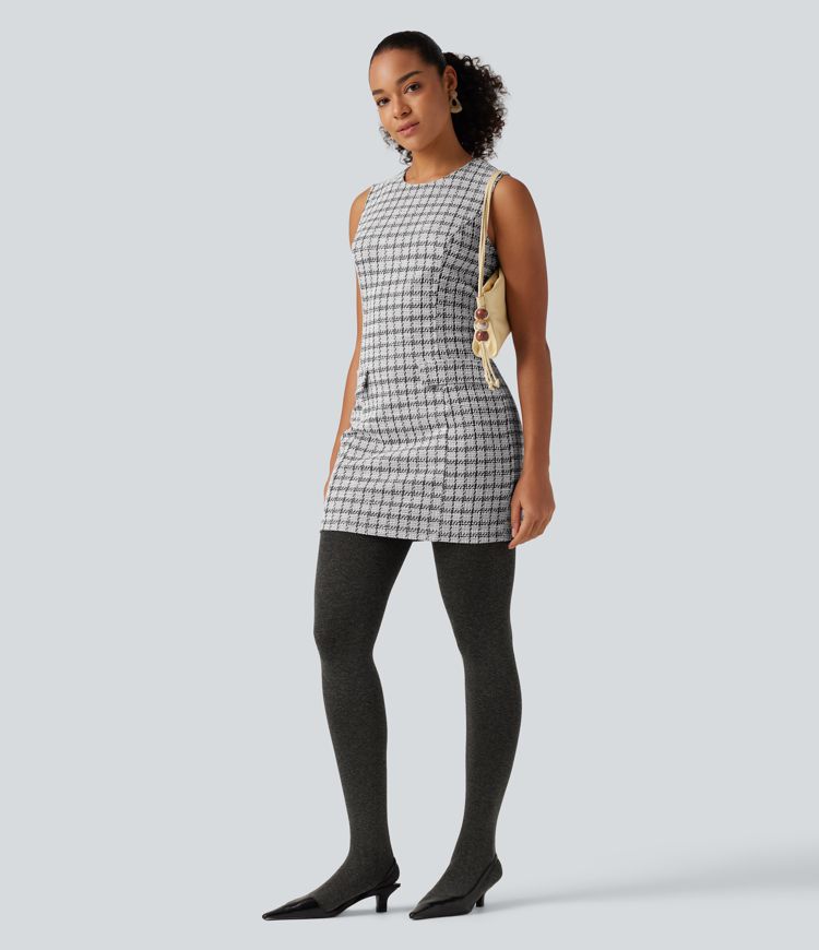 Round Neck Sleeveless Plaid Work Mini Dress