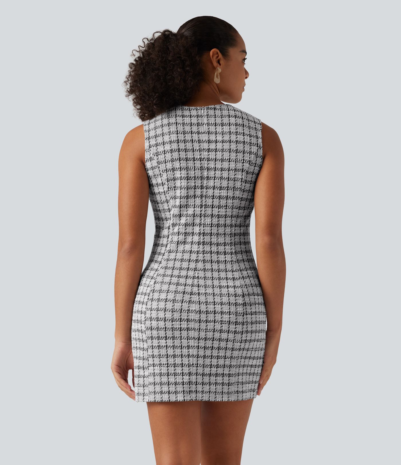 Round Neck Sleeveless Plaid Work Mini Dress