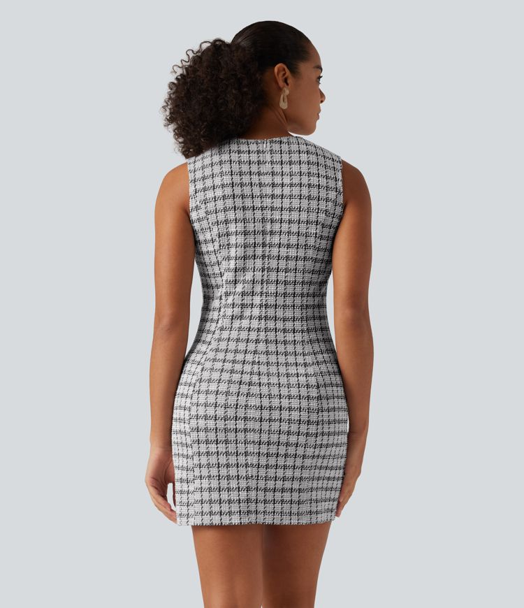 Round Neck Sleeveless Plaid Work Mini Dress