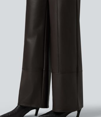High Waisted Straight Leg Seam Stretchy PU Fleece Casual Leather Pants with Pockets