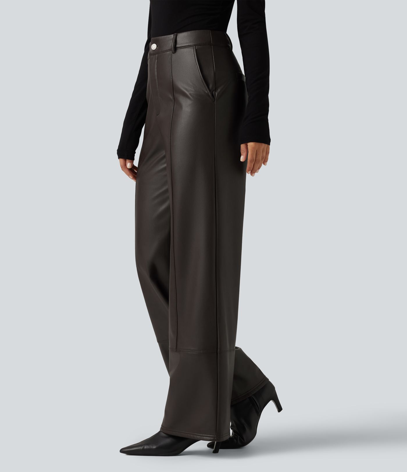 High Waisted Straight Leg Seam Stretchy PU Fleece Casual Leather Pants with Pockets