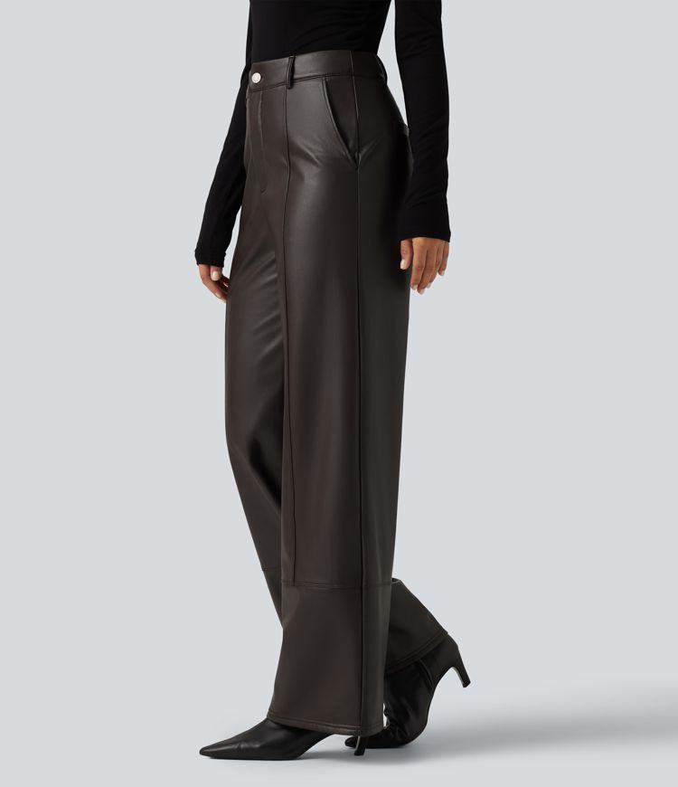 High Waisted Straight Leg Seam Stretchy PU Fleece Casual Leather Pants with Pockets