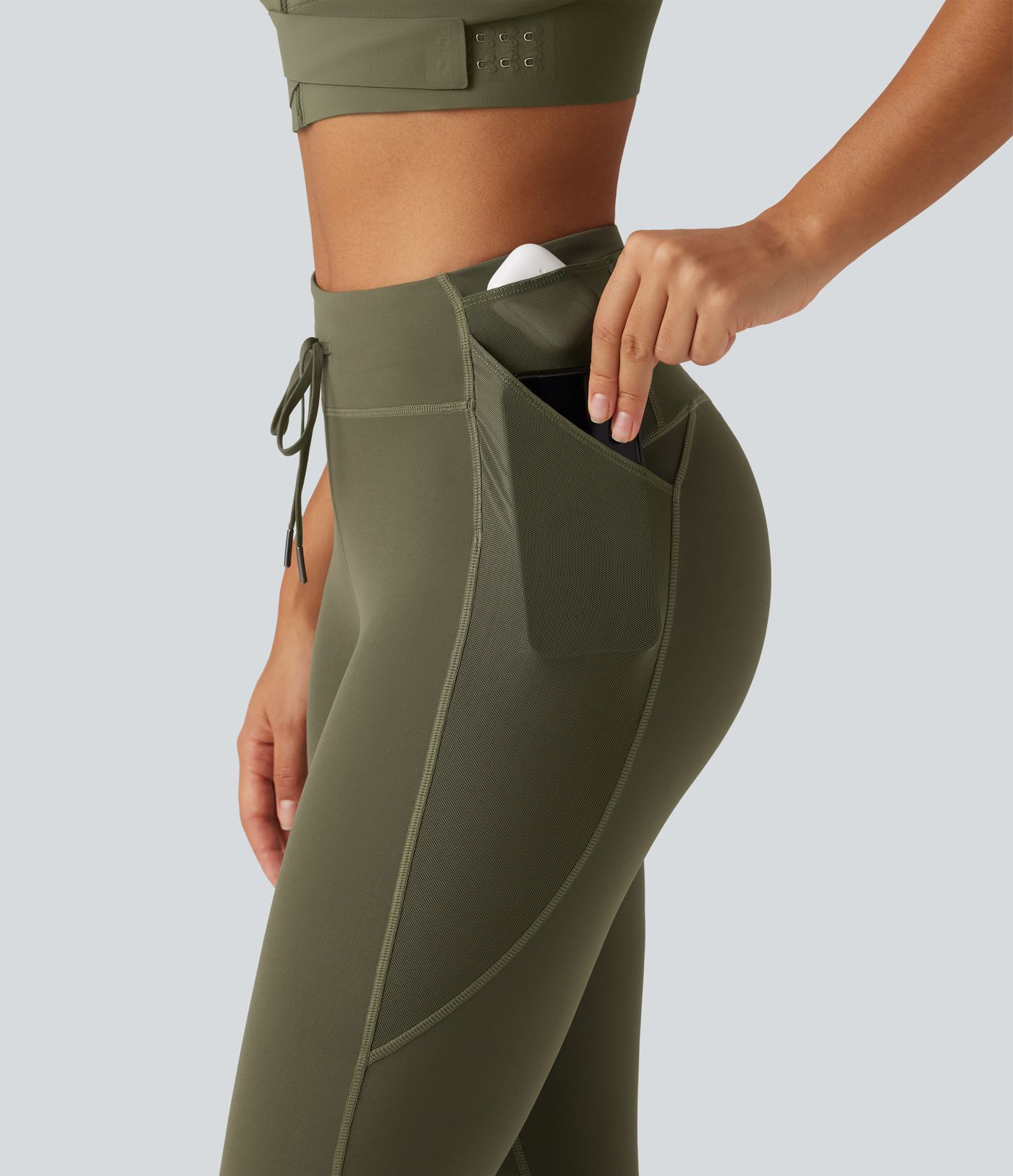 High Waisted Drawstring Contrast Mesh Quick Dry Running Leggings with Reflective Dots and Pockets High Waisted Drawstring Contrast Mesh Quick Dry Running Leggings with Reflective Dots and Pockets