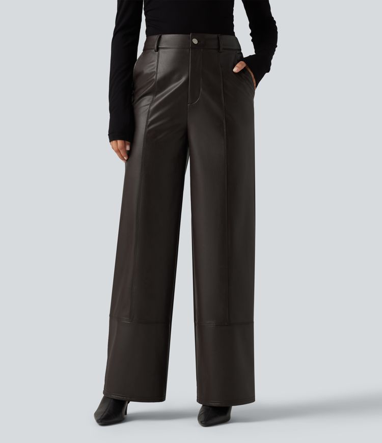 High Waisted Straight Leg Seam Stretchy PU Fleece Casual Leather Pants with Pockets