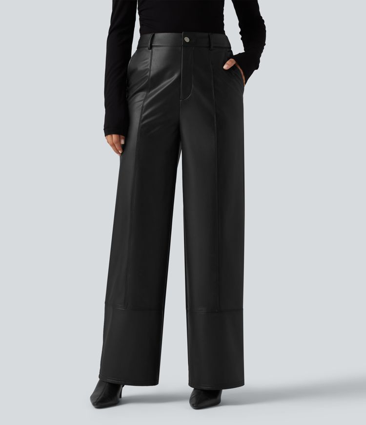 High Waisted Straight Leg Seam Stretchy PU Fleece Casual Leather Pants with Pockets