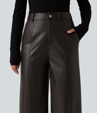 High Waisted Straight Leg Seam Stretchy PU Fleece Casual Leather Pants with Pockets