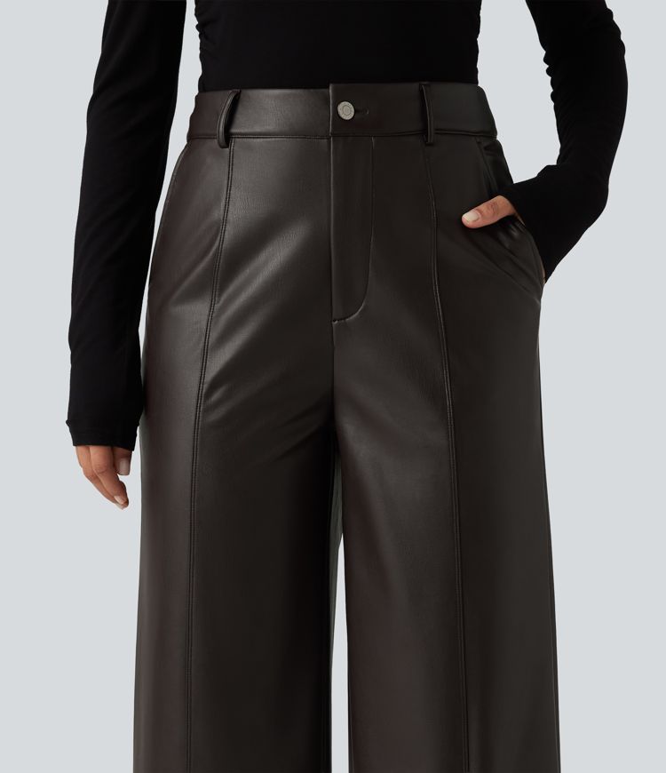 High Waisted Straight Leg Seam Stretchy PU Fleece Casual Leather Pants with Pockets