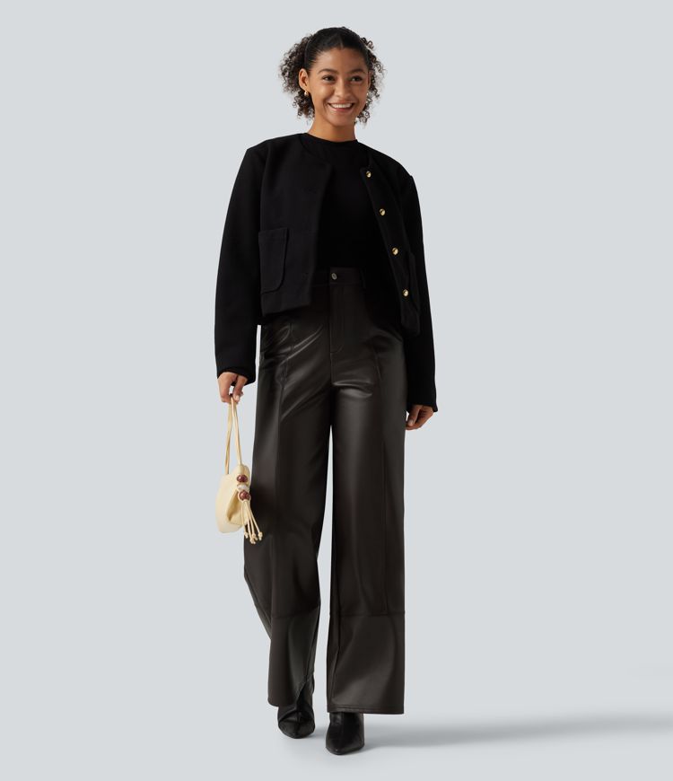 High Waisted Straight Leg Seam Stretchy PU Fleece Casual Leather Pants with Pockets