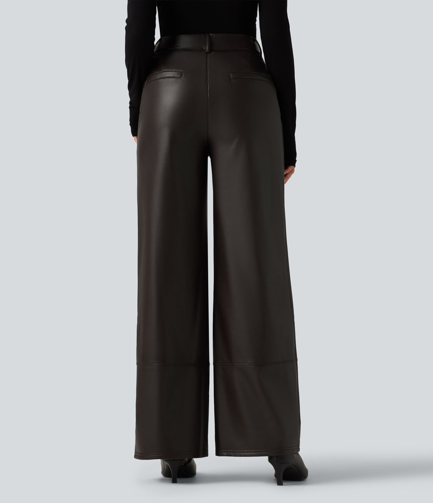 High Waisted Straight Leg Seam Stretchy PU Fleece Casual Leather Pants with Pockets