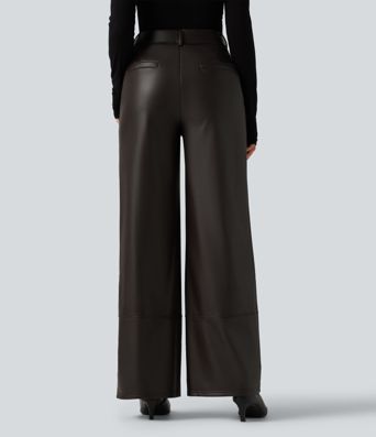 High Waisted Straight Leg Seam Stretchy PU Fleece Casual Leather Pants with Pockets