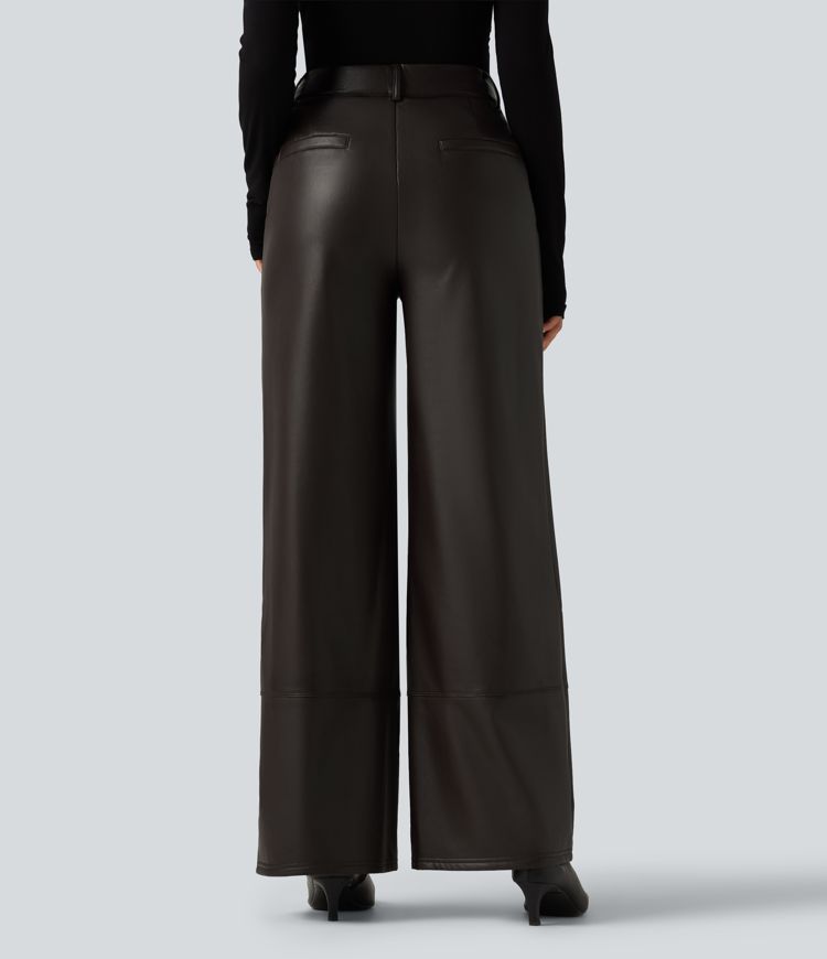 High Waisted Straight Leg Seam Stretchy PU Fleece Casual Leather Pants with Pockets