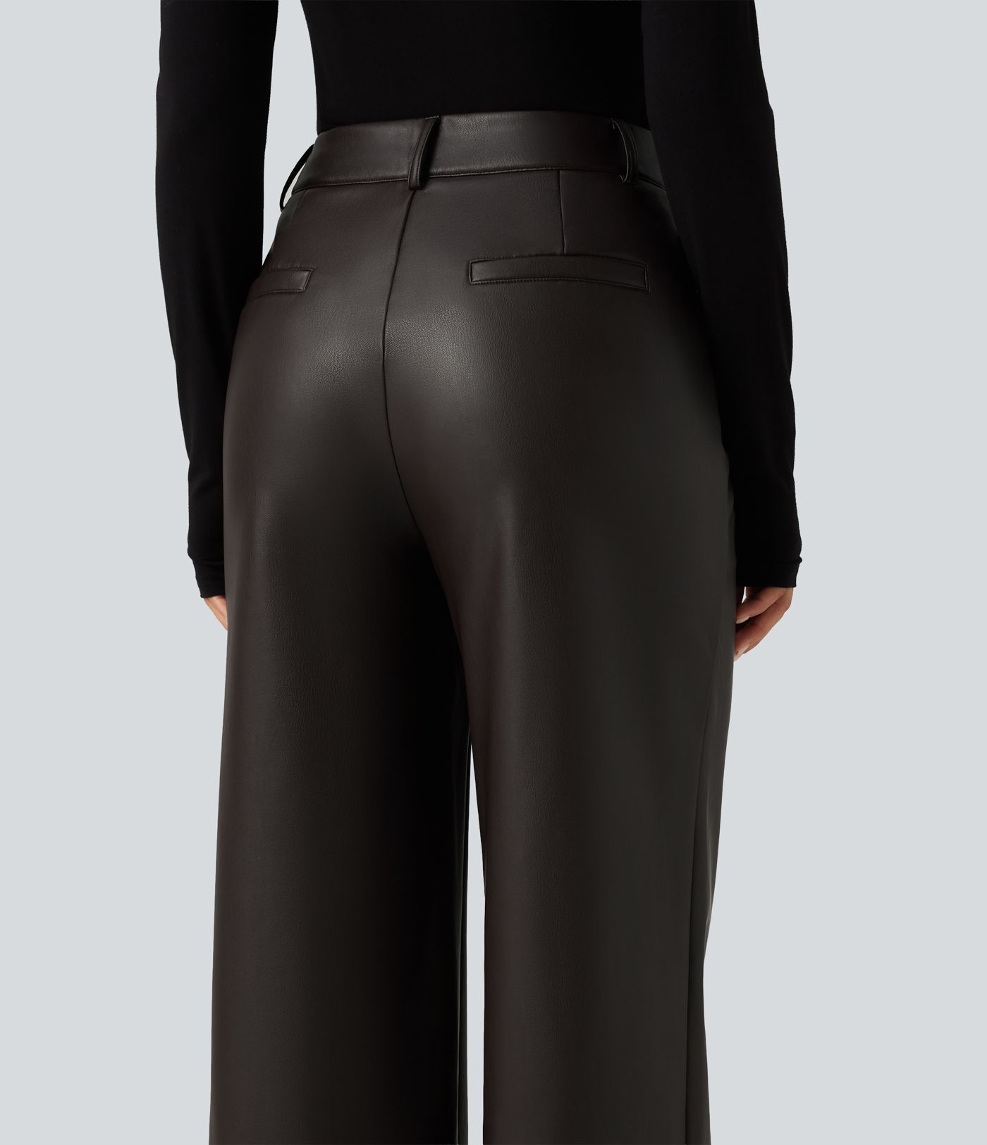 High Waisted Straight Leg Seam Stretchy PU Fleece Casual Leather Pants with Pockets