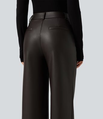 High Waisted Straight Leg Seam Stretchy PU Fleece Casual Leather Pants with Pockets