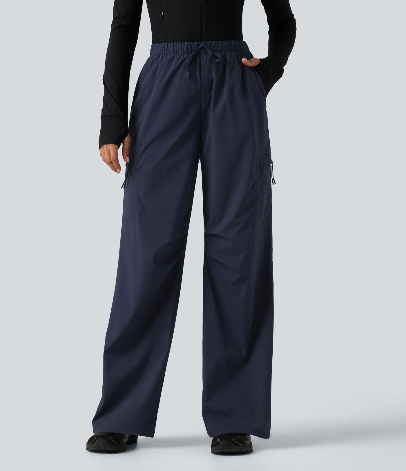 Mid Rise Drawstring Ruched Wide Leg Hiking Pants with Pockets Mid Rise Drawstring Ruched Wide Leg Hiking Pants with Pockets