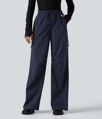 Mid Rise Drawstring Ruched Wide Leg Hiking Pants with Pockets Mid Rise Drawstring Ruched Wide Leg Hiking Pants with Pockets