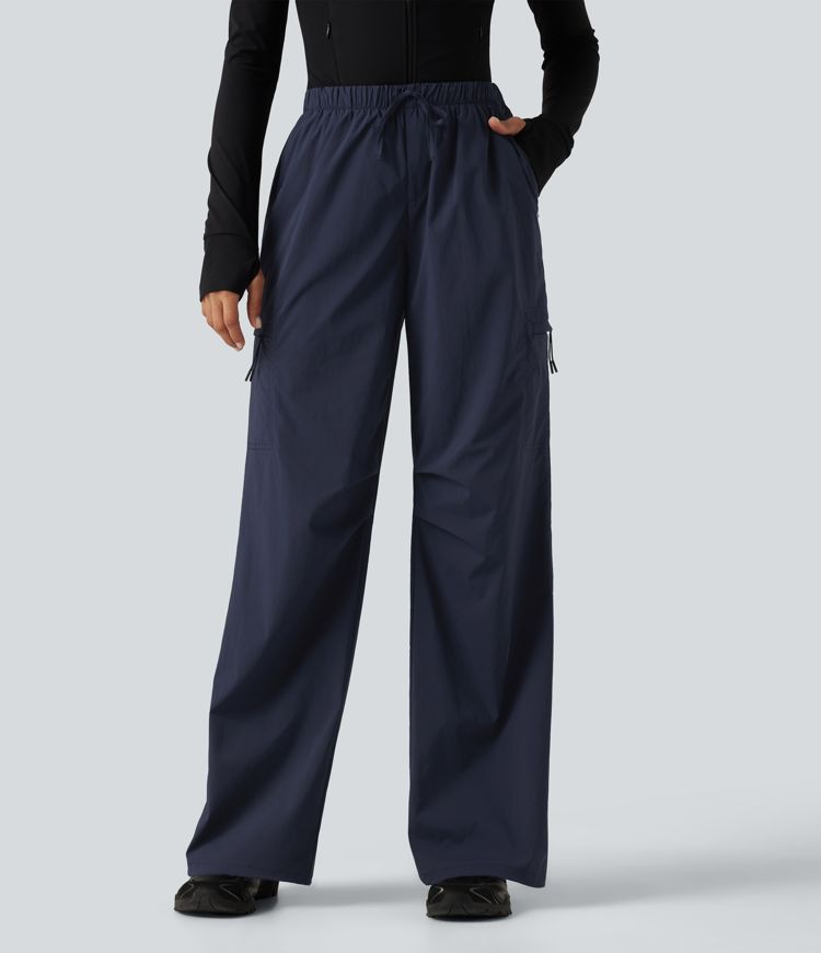 Mid Rise Drawstring Ruched Wide Leg Hiking Pants with Pockets Mid Rise Drawstring Ruched Wide Leg Hiking Pants with Pockets