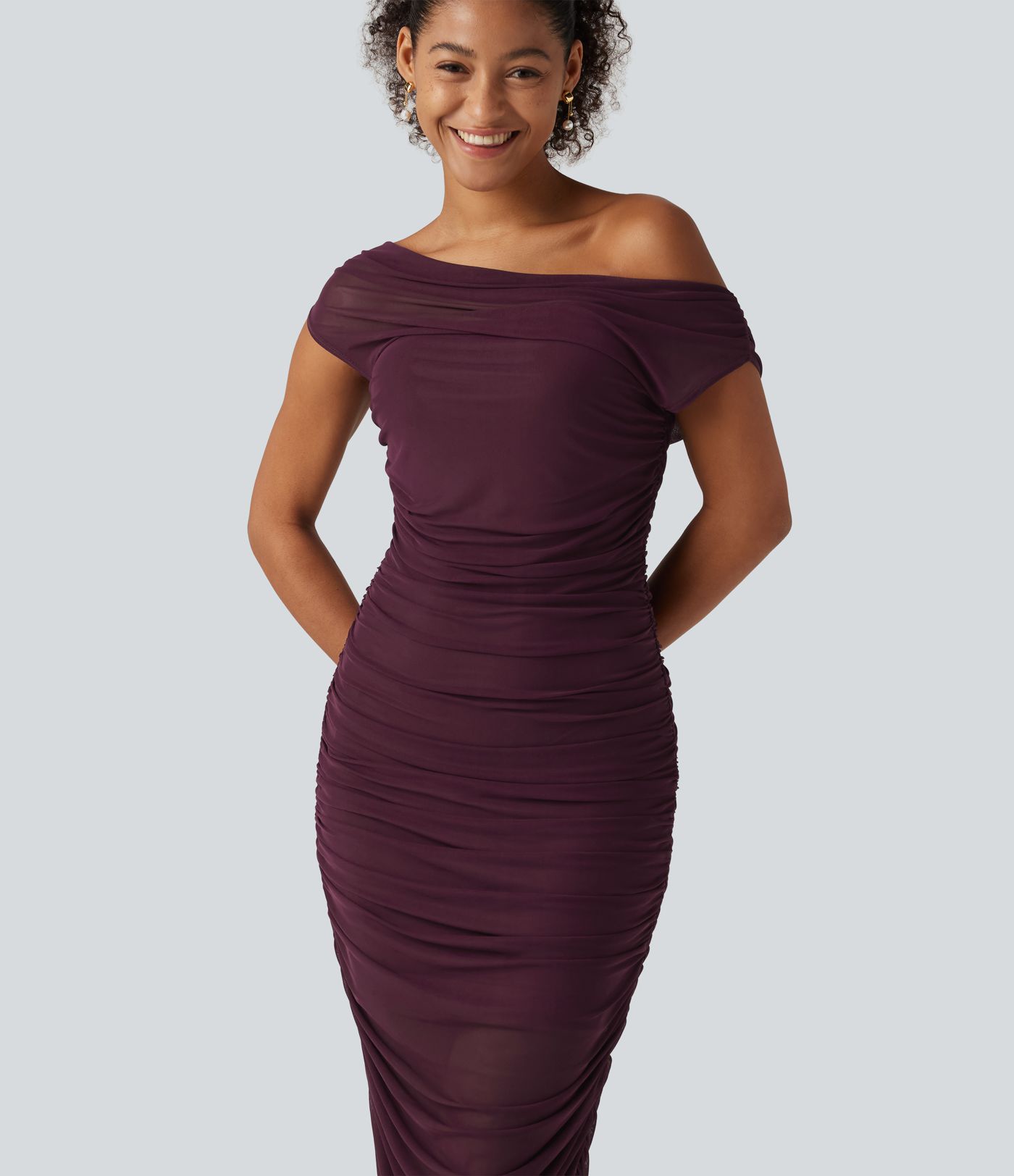SoftlyZero™ Off Shoulder Ruched Mesh Bodycon Party Midi Dress SoftlyZero™ Off Shoulder Ruched Mesh Bodycon Party Midi Dress