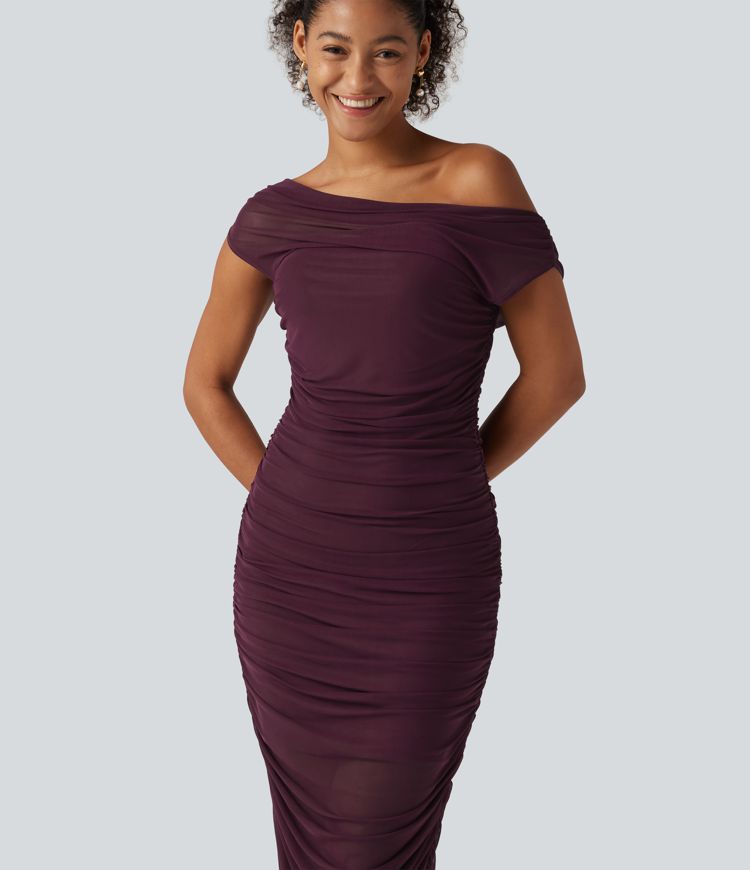 SoftlyZero™ Off Shoulder Ruched Mesh Bodycon Party Midi Dress SoftlyZero™ Off Shoulder Ruched Mesh Bodycon Party Midi Dress