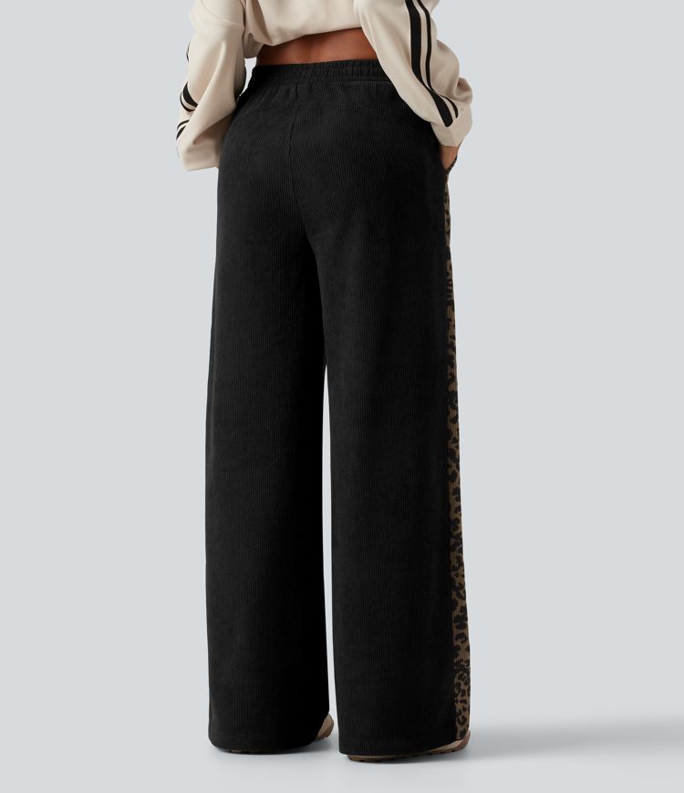 Mid Rise Leopard Print Corduroy Straight Leg Casual Pants with Pockets