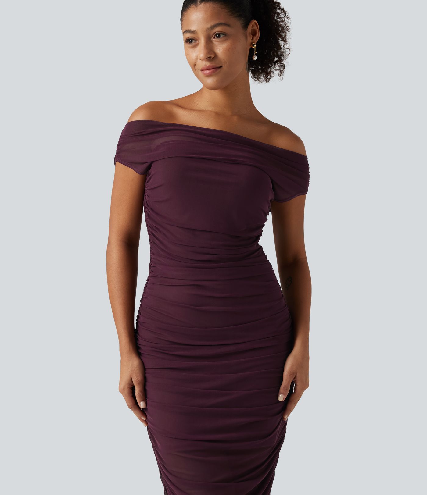 SoftlyZero™ Off Shoulder Ruched Mesh Bodycon Party Midi Dress SoftlyZero™ Off Shoulder Ruched Mesh Bodycon Party Midi Dress