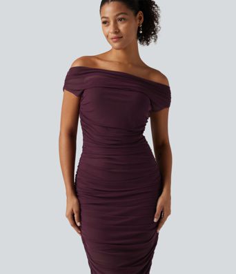 SoftlyZero™ Off Shoulder Ruched Mesh Bodycon Party Midi Dress SoftlyZero™ Off Shoulder Ruched Mesh Bodycon Party Midi Dress