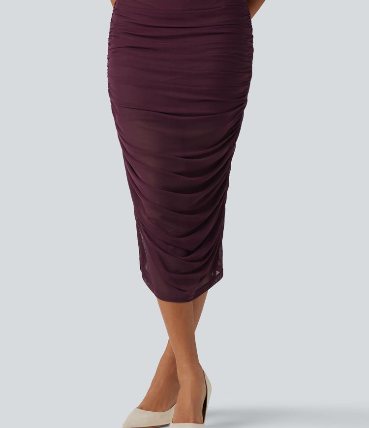 SoftlyZero™ Off Shoulder Ruched Mesh Bodycon Party Midi Dress SoftlyZero™ Off Shoulder Ruched Mesh Bodycon Party Midi Dress