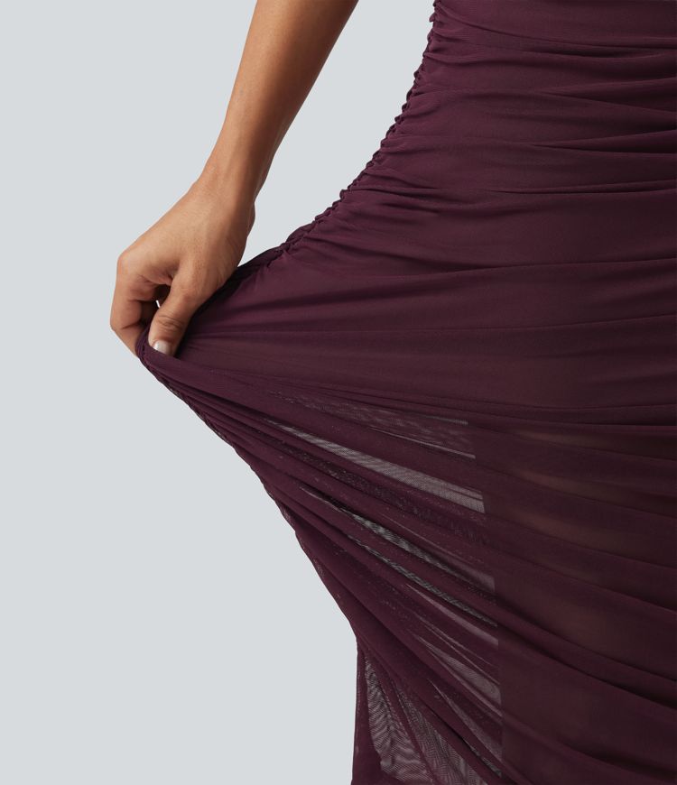 SoftlyZero™ Off Shoulder Ruched Mesh Bodycon Party Midi Dress SoftlyZero™ Off Shoulder Ruched Mesh Bodycon Party Midi Dress