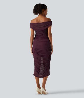 SoftlyZero™ Off Shoulder Ruched Mesh Bodycon Party Midi Dress SoftlyZero™ Off Shoulder Ruched Mesh Bodycon Party Midi Dress
