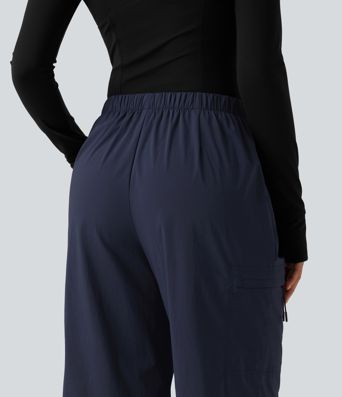 Mid Rise Drawstring Ruched Wide Leg Hiking Pants with Pockets Mid Rise Drawstring Ruched Wide Leg Hiking Pants with Pockets