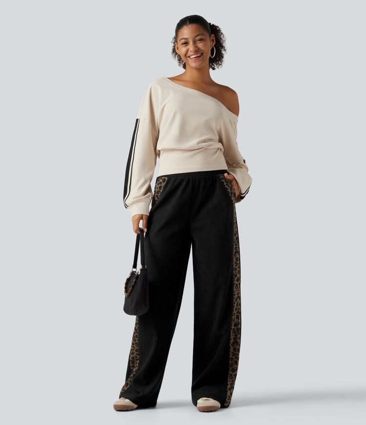 Mid Rise Leopard Print Corduroy Straight Leg Casual Pants with Pockets