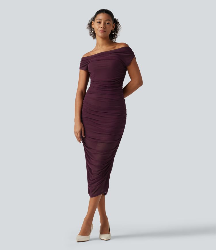 SoftlyZero™ Off Shoulder Ruched Mesh Bodycon Party Midi Dress