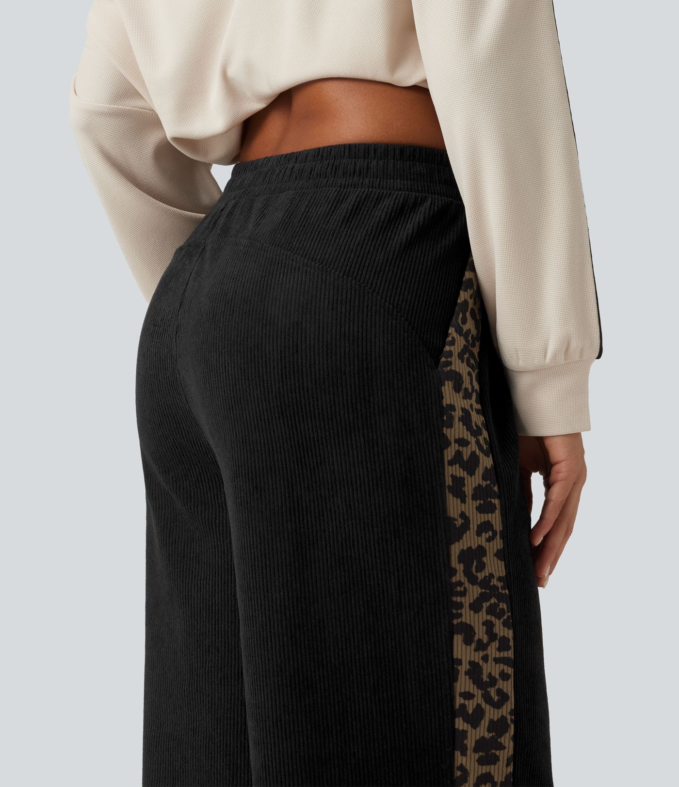 Mid Rise Leopard Print Corduroy Straight Leg Casual Pants with Pockets