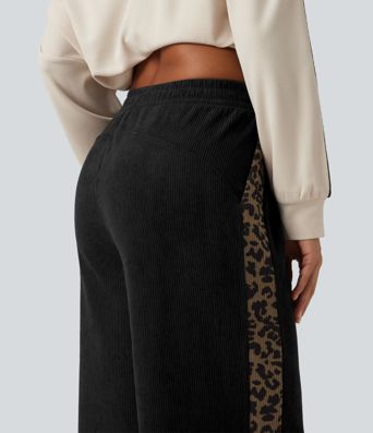 Mid Rise Leopard Print Corduroy Straight Leg Casual Pants with Pockets