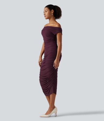 SoftlyZero™ Off Shoulder Ruched Mesh Bodycon Party Midi Dress SoftlyZero™ Off Shoulder Ruched Mesh Bodycon Party Midi Dress