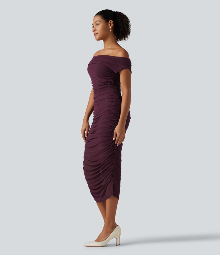SoftlyZero™ Off Shoulder Ruched Mesh Bodycon Party Midi Dress SoftlyZero™ Off Shoulder Ruched Mesh Bodycon Party Midi Dress