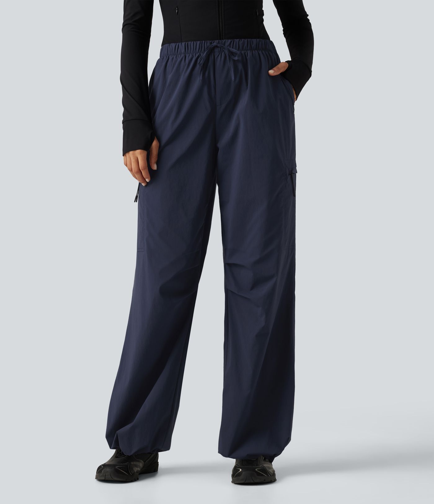 Mid Rise Drawstring Ruched Wide Leg Hiking Pants with Pockets