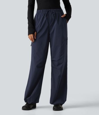 Mid Rise Drawstring Ruched Wide Leg Hiking Pants with Pockets