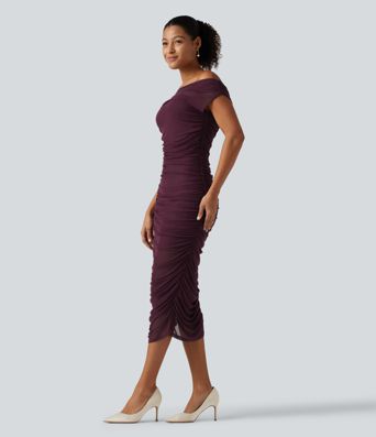 SoftlyZero™ Off Shoulder Ruched Mesh Bodycon Party Midi Dress SoftlyZero™ Off Shoulder Ruched Mesh Bodycon Party Midi Dress