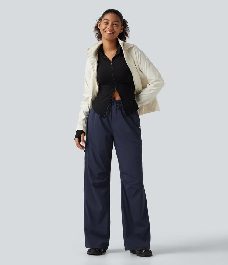 Mid Rise Drawstring Ruched Wide Leg Hiking Pants with Pockets Mid Rise Drawstring Ruched Wide Leg Hiking Pants with Pockets