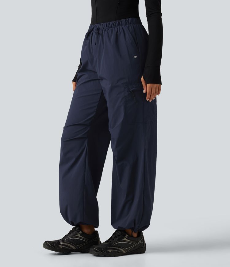 Mid Rise Drawstring Ruched Wide Leg Hiking Pants with Pockets Mid Rise Drawstring Ruched Wide Leg Hiking Pants with Pockets
