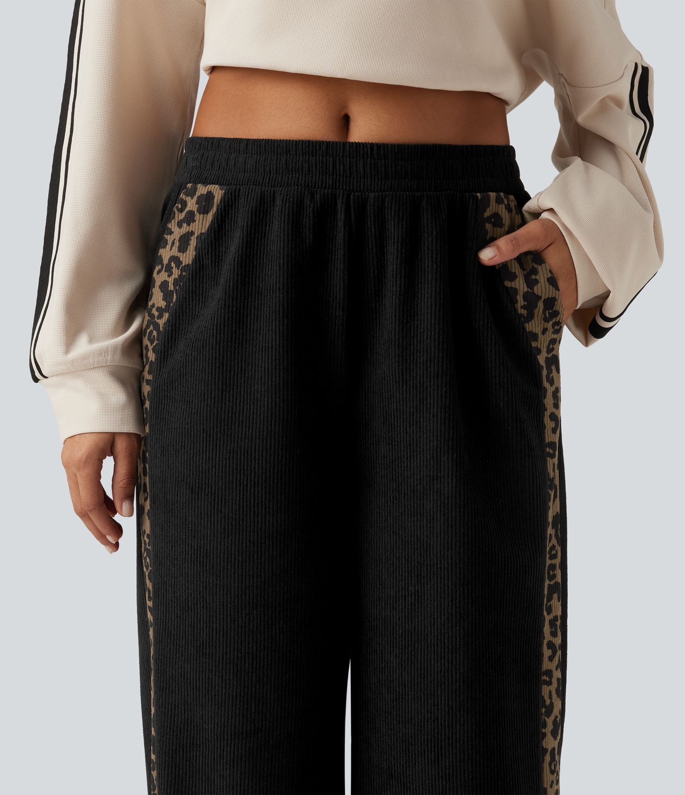 Mid Rise Leopard Print Corduroy Straight Leg Casual Pants with Pockets