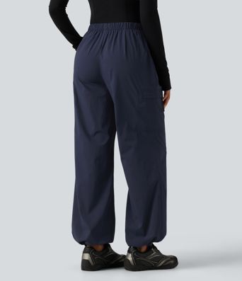 Mid Rise Drawstring Ruched Wide Leg Hiking Pants with Pockets Mid Rise Drawstring Ruched Wide Leg Hiking Pants with Pockets