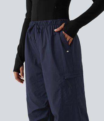 Mid Rise Drawstring Ruched Wide Leg Hiking Pants with Pockets Mid Rise Drawstring Ruched Wide Leg Hiking Pants with Pockets