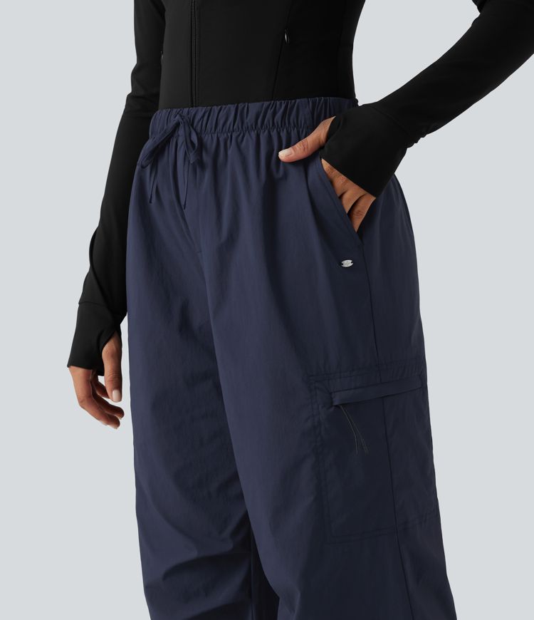 Mid Rise Drawstring Ruched Wide Leg Hiking Pants with Pockets Mid Rise Drawstring Ruched Wide Leg Hiking Pants with Pockets