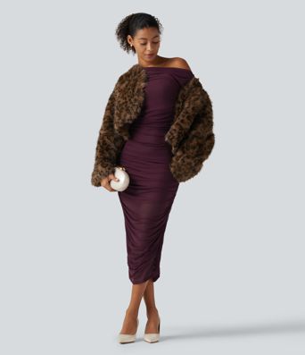 SoftlyZero™ Off Shoulder Ruched Mesh Bodycon Party Midi Dress SoftlyZero™ Off Shoulder Ruched Mesh Bodycon Party Midi Dress