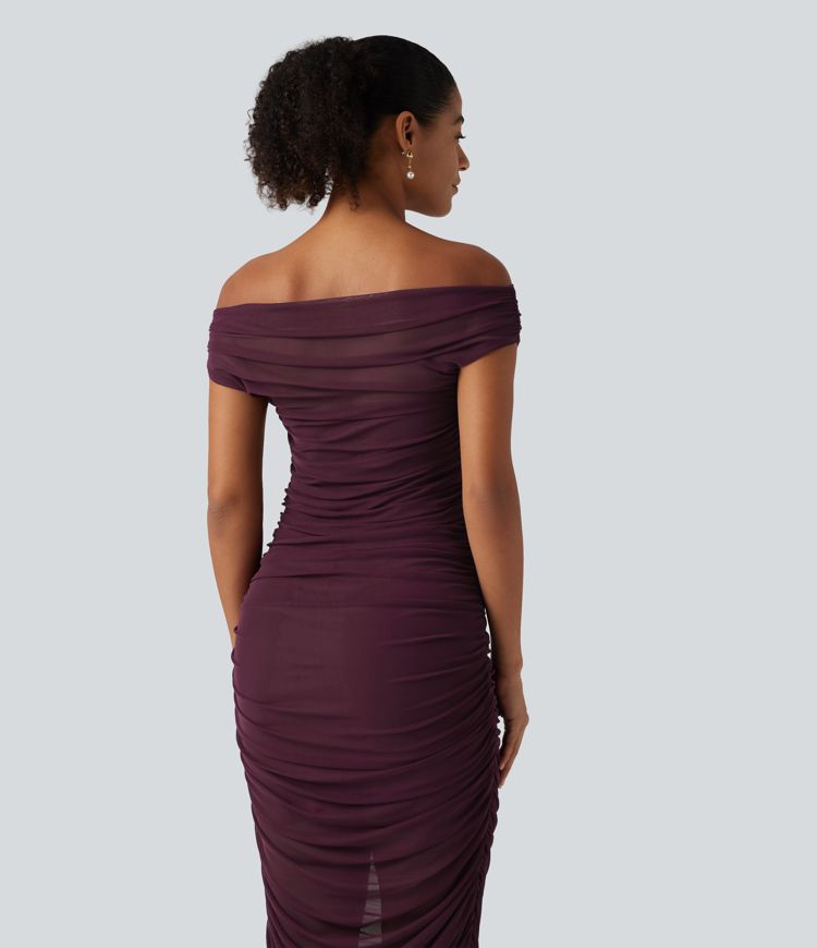 SoftlyZero™ Off Shoulder Ruched Mesh Bodycon Party Midi Dress SoftlyZero™ Off Shoulder Ruched Mesh Bodycon Party Midi Dress