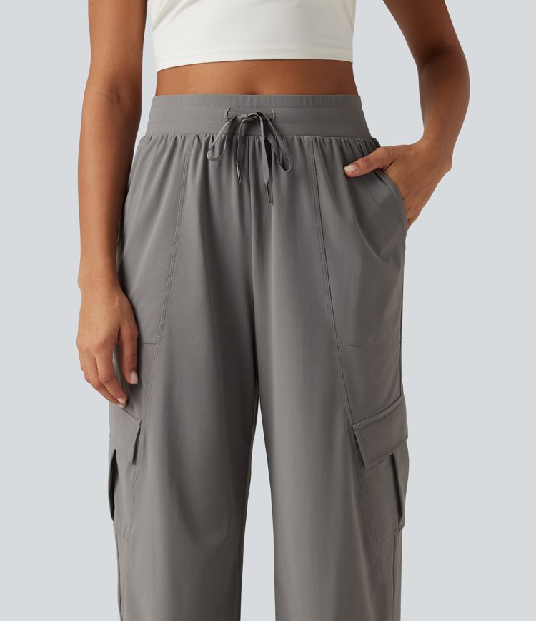 High Waisted Drawstring Ruched Straight Leg Quick Dry InstantCool Running Pants with Pockets-UPF40+