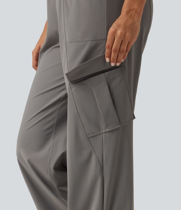 High Waisted Drawstring Ruched Straight Leg Quick Dry InstantCool Running Pants with Pockets-UPF40+